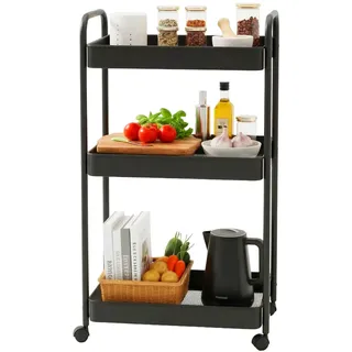 Relaxdays Rollwagen, 3 Mesh-Etagen, Servierwagen, Küchenwagen Bad & Büro, HBT: 78x43x30 cm, Bastelwagen Metall, schwarz
