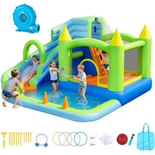 VEVOR Aufblasbare Wasserhüpfburg (344 x 374 x 213 cm), Hüpfburg mit Wasserrutsche & Hüpfburgelementen & Basketballkorb & Planschbecken & Wasserringwurfspiel, für 3–4 Kinder (3 bis 8 Jahre Alt)