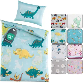 BaSaTex Kinder Baby Bettwäsche Set für Mädchen und Jungen | 100x135 cm + 40x60 cm | 100% Polyester Mikrofaser | Reißverschluss | Dinos - Drachen | blau/weiß