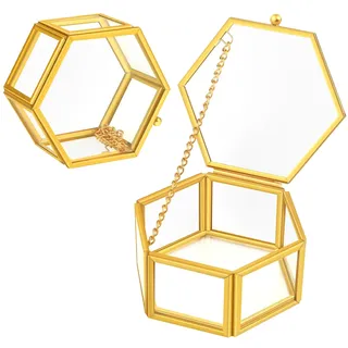 TYSM-CC Transparentes Geometrisches Schmuckkästchen aus Glas mit Messingakzenten, Sechseckiger Design für Aufbewahrung und Präsentation von Halsketten, Ringe und Ohrringen, Dekorative Box