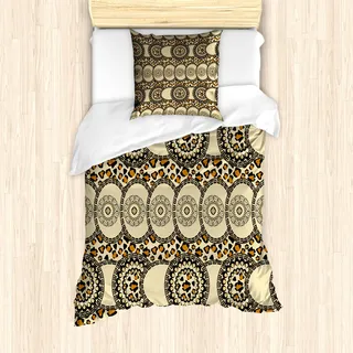 ABAKUHAUS Sambia Mantele, Folk-Dschungel-Tier Boho, Milbensicher Allergiker geeignet mit Kissenbezügen, 135 cm x 200 cm - 80 x 80 cm, Dunkelbraun Creme orange