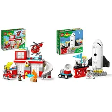 LEGO 10970 DUPLO Feuerwehrwache mit Hubschrauber, Feuerwehr-Spielzeug für Kleinkinder ab 2 Jahre mit Feuerwehrauto & 10944 DUPLO Spaceshuttle Weltraummission