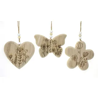 TEMPELWELT® Deko Anhänger Schmetterling Herz Blume im 3er Set je 10 cm, Holz Natur Landhaus Stil,