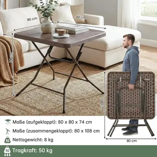 Klappbarer Tisch - Garten-/Campingtisch - Maße 80×80×74 cm - Quadratisch - Edelstahlbeine - Tragbar & belastbar - Für 4 Personen - Schokobraun - Braun