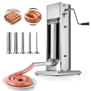 Vevor manueller Wurstfüller 5 L vertikale Wurstfüllmaschine Fleischfüller mit 2 Geschwindigkeiten (schnell/langsam), Hochleistungsfüller aus Edelstahl mit 5 Wurstfüllrohren, Fleischfüllen