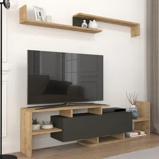 Fernsehschrank 'Liksefte' mit Wandregal TV Lowboard 154 x 28 x 42 cm mit Stauraum Saphir-Eiche/Schwarz - Hellbraun