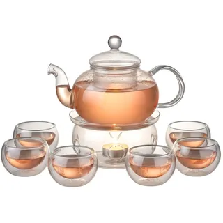 Wintem - Set mit 6 hitzebeständigen Tassen mit Teesieb und Kerzenhalter, Teekanne aus Glas 600 ml, ideal für losen Tee und Aufgüsse, elegante Geschenkidee
