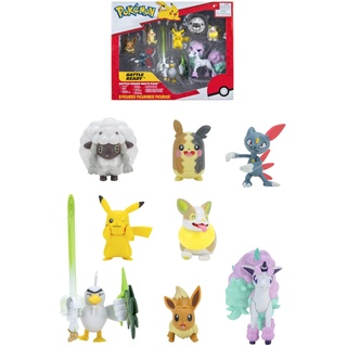 Pokémon Bandai 8 Figuren Battle – Pikachu, Evoli (Eevee), Mouaf (Wooloo), Farfuret (Sneasel), Voltoutou (Yamper), Palarticho (Sirfetch'd), Ponyta (Ponyta), Morpeko – PKW0185