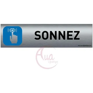 Plaque de porte aluminium brossé imprimé -Dimensions 200 x 50 mm - Double face adhésif au dos - Impression UV directement sur l'aluminium (Pas de contre collage) (Sonnez)