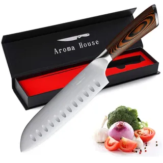 Aroma House Santoku Messer 7 Zoll(18 cm),Profi Kochmesser,Küchenmesser,Rostfreiem Stahl Chefmesser Sehr Scharfe Klinge mit Geschenkbox für Haushalt und Restaurant
