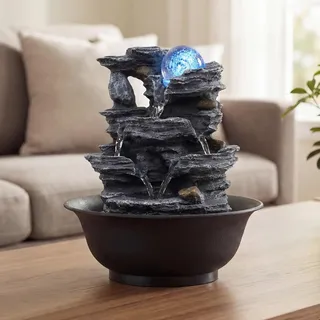 COSTWAY Zimmerbrunnen mit Pumpe, Tischbrunnen mit rollender Kugel, Farbiger LED Beleuchtung, Wasserbrunnen Stein Optik, Springbrunnen für Garten, Brunnen Wasserfall, Tischdekoration, 21,5 x 26,5 cm