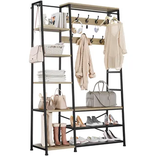 YITAHOME Garderobenständer, Großer Garderobe mit Bank, Industriegarderobe mit Schuhablage, Bodenstehende Kleiderstange mit 9 Haken und 5 Ablagen, Kleiderständer für Flur, Wohnzimmer, Eichenfarbe