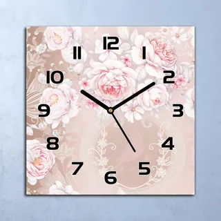Wanduhr Echt-Glas-Küchenuhr Weiße Rosen grau Quarz Lautlos 30x30 Deko Bilder - Rosa