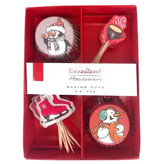48-teiliges Muffin Cupcake Deko Back Set Weihnachten, X-Mas Motive Pinguin, Schneemann, Schlittschuh, Tasse (Design 2)
