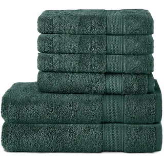 Komfortec 6er Handtuch Set aus 100% Baumwolle, 2er Badetücher 70x140 cm und 4er Handtücher 50x100 cm, Frottee, Weich, Dunkelgrün