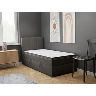 FEDVE Boxspringbett Einzelbett GANDIA MINI mit Bettkästen Jugendbett mit Bonell-Matratze und Topper 90x200 Rechts - Dunkelgrau