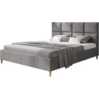 Polsterbett LUX ROMA mit Kopfteil, 140 x 200 cm, Doppelbett mit Lattenrost aus Holz, Strukturstoff Grau, Füße in Farbe: Braun - Grau, Braun