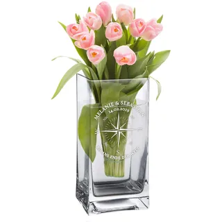 Casa Vivente Eckige Blumenvase mit Gravur zur Hochzeit, Kompass Liebe, Personalisiert mit Namen und Datum, Hochzeitsgeschenke für Brautpaar