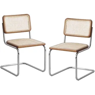 Stühle Mahlzeit Rattan-Esszimmerstühle, 2er-Set, Küchen-Seitenstühle ohne Armlehnen mit Metallbeinen, moderne Esszimmerstühle mit natürlicher Rattan-Geflecht-Rückenlehne und gepolsterter Sitzfläche, B