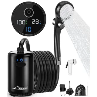 WADEO verbesserte Campingdusche Akku mit Pumpe, 10 Gänge Schaltung, 6000-mAh-Akku für 3 Stunden Laufzeit, mit doppelter Digitalanzeige, Mobile Duschen Outdoor für Camping Reisen Garten (Schwarz)