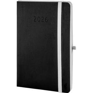 Chronoplan 50966 Buchkalender Kalendarium 2026 (Terminplaner A6 (95x140mm) mit Softcover, Wochenplaner, 1 Woche auf 2 Seiten, mit flexibler Stiftschlaufe, Einmerkband, Gummiverschluss) schwarz