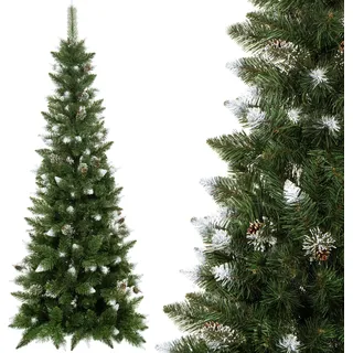 künstlicher Weihnachtsbaum Diamantkiefer slim Kunstschnee und Zapfen 220 cm - Grün