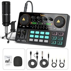 Maono DJ Controller mit Soundkarte und DJ Mischer, AM200S1 All In One DJ Mischpult Audio Interface mit 16MM Großmembranmikrofon für Live Streaming, YouTube, Aufnahme