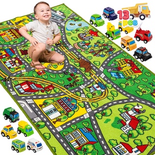 Joyin Teppich Kinderzimmer 80x150cm mit 12 Mini Auto Spielzeug für Kinder ab 3 Jahren, Spielteppich Straße Kinderteppich, Autoteppich Junge Mädchen für Schlafzimmer & Spielzimme