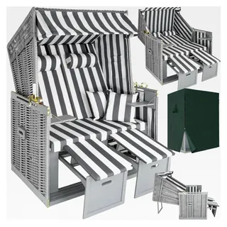 Strandkorb Ostsee 2-Sitzer, verstellbare Rückenlehne, Volllieger mit Fußbänkchen und Seitentischen, inkl. Schutzhülle & Kissen, ideal für Balkon, Garten und Terrasse - grau/weiß - Grau, Weiß