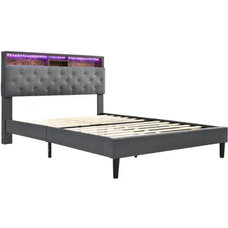 Merax Flieks Polsterbett Massivholzbett 140x200cm mit Led und Kopfteil mit Stauraum, Doppelbett mit Lattenrost Jugendbett Ehebett - Grau
