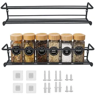 Gewürzregal Wand 2 Stück Aus Metall Schwarz - Hängend Ohne Bohren, Wand Küchenregal für Küche Gewürz Organizer Küchenzubehör - 29 x 6 x 6.5cm