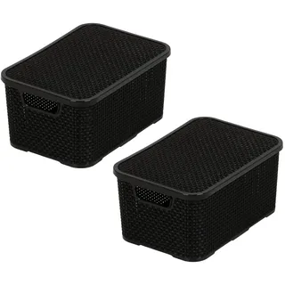 branq home essential Korb mit Deckel in Rattan Design 2er Set Grösse S 28,5 x 19,5 x 12,9 cm Schwarz