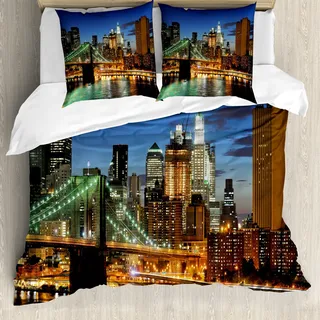 ABAKUHAUS Stadt Bettbezug, New York bei Nacht Brücke, Milbensicher Allergiker geeignet mit Kissenbezügen, 200 cm x 200 cm - 80 x 80 cm, Mehrfarbig