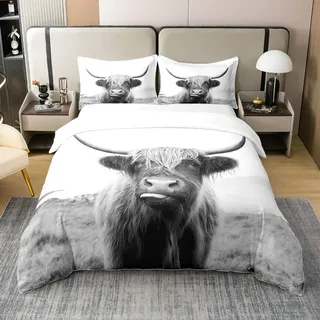 100% Gewaschene Baumwolle Highland Kuh Bettbezug für Cowboy Cowgirl,Bauernhof Tier Milch Bettwäsche Set 135x200,Lustige Nette Kuh Tröster Abdeckung,Wildlife Farm Tier Bett Sets mit1 Kissenbezug