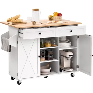 VEVOR Kücheninselwagen mit Massivholzplatte & Lagerschrank, mobiler Rolltisch mit Klappplatte & Schubladen & Gewürzregal, tragbarer Servierwagen auf Lenkrollen für das Esszimmer, 132 cm breit