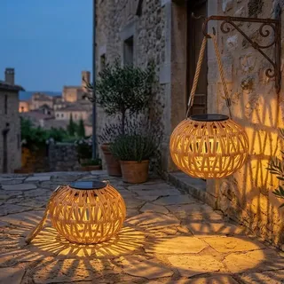 Gresonic 2er Solar Lampions Außen, Handgeflochtene rattan solarleuchten mit Hanfseil, IP44 Wasserdicht, Automatische Dämmerung, Warmweiß Solarlampen für Garten Balkon Terrasse outdoor als Geschenk
