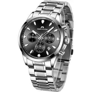 MEGALITH Herrenuhr Silber Edelstahl Armbanduhr: Chronographen Wasserdicht Analog Uhr Herren - Klassisch Designer Uhren mit Datum Leuchtend - Geschenke für Business Lässig Männer