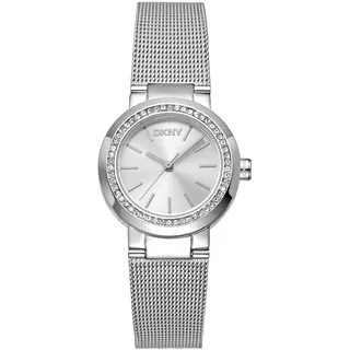 DKNY Eastside Mini Damenuhr 28 mm Edelstahl Silber, Quarz Armbanduhr mit Zirkonia, analog, gehärtetes Mineralglas, 5 ATM wasserdicht