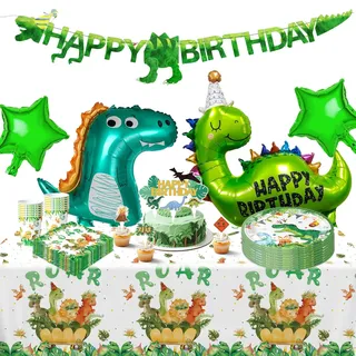 Dino Geburtstag Deko Set, 91 PCS Partygeschirr Kindergeburtstag für 20 Gäste mit Große Dino Folienballon Partyzubehörset Dinosaurier Tortenstecker Luftballons Pappteller Tassen Servietten Tischdecke