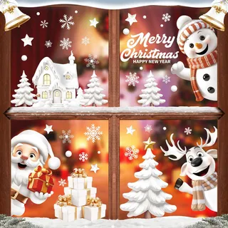 AhfuLife Fensterbilder Weihnachten, 9 Blätter Fenstersticker Weihnachten Selbstklebend, Wiederverwendbar Doppelseitig Weihnachten Santa Claus Schneemann Fensterdeko für Xmas Party Weihnachtsdeko