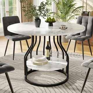 Sweiko Runder Esstisch (80×80×76cm), Küchen-Esstisch, runder Couchtisch für 4 Personen, kleine runde Platte in der Mitte zur Aufbewahrung, geeignet für Esszimmer, Wohnzimmer, MDF-Marmor-Tischplatte, schwarz - Schwarz