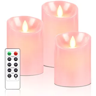 PinnWaa LED Kerzen [3 Stück] Flammenlose Kerzenhalter, 10-Tasten Fernbedienung Timer Dekorations, Flammenlose Kerzen mit Realistisch Flackernde LED Stabkerzen Batteriekerzen - Rosa