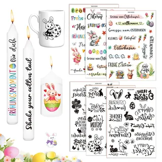 6 Stück Kerzentattoo Ostern,Osterhase Kerzensticker, Wasserschiebefolie Kerzen, Kerzen Folie Ostern, Lustige Osterhasen Hase Dekoration, DIY Kerzensticker für Kerzen und Keramik