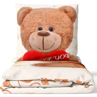 COFI 1453 Fleece Bettwäsche Teddy-Herzmotiv Weiß/Beige 135 x 200 cm