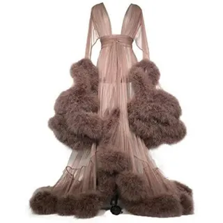 FnnEmg Transparentes Federkleid Langer,vintage Feather Robe Feder Robe Pelzbesatz Robe Nachthemd Bademantel, Bademantel Nachtwäsche Feder Brautkleid Hochzeit