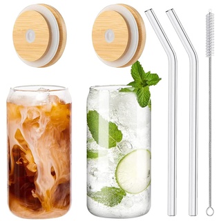 Panngu Bubble Tea Becher mit Deckel und Strohhalm 2er Set, Trinkgläser mit Bambusdeckel und Glasstrohhalm Eiskaffee Gläser für Ice Coffee, Cocktail, Smoothie Glas, Beer, Cold Cups 480ML