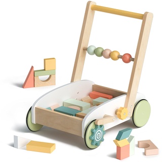 ROBUD Holz Lauflernwagen Baby Lauflernhilfe mit geometrischen Baublöcken, Lernen Laufwagen Spielzeug/ Baby Walker, für Gehfrei Kleinkinder, Bunte Bausteine