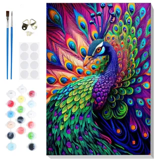 Lxmsja Malen Nach Zahlen Pfau Erwachsene mit Rahmen, Malen Nach Zahlen Tier, Diy Set Erwachsene mit Pinseln und Acrylfarben Handgemalt Ölgemälde Leinwand für Home Décor, 20x30 cm