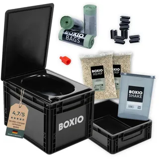 BOXIO - Toilet Max+: Mobile Trockentrenntoilette Komplettset für unterwegs | Campingtoilette ohne Chemie für Camping, Van, Outdoor, Dachzelt: Toilette auf Eurobox Basis ohne Strom, schwarz, 40x30x28