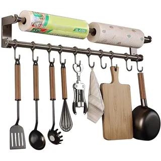 HMAKGG Hakenleiste Küche ohne Bohren, Küche Hakenleiste mit Küchenrollenhalter, Küchenleiste Selbstklebend mit 10 Beweglichen Haken für Küchenutensilien, 60CM Küchenstange Grau